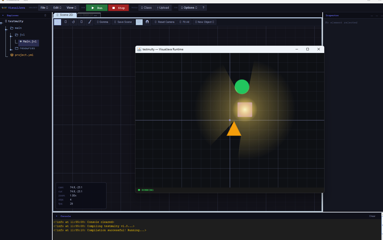 Visual Java runtime window showing a running 2D scene