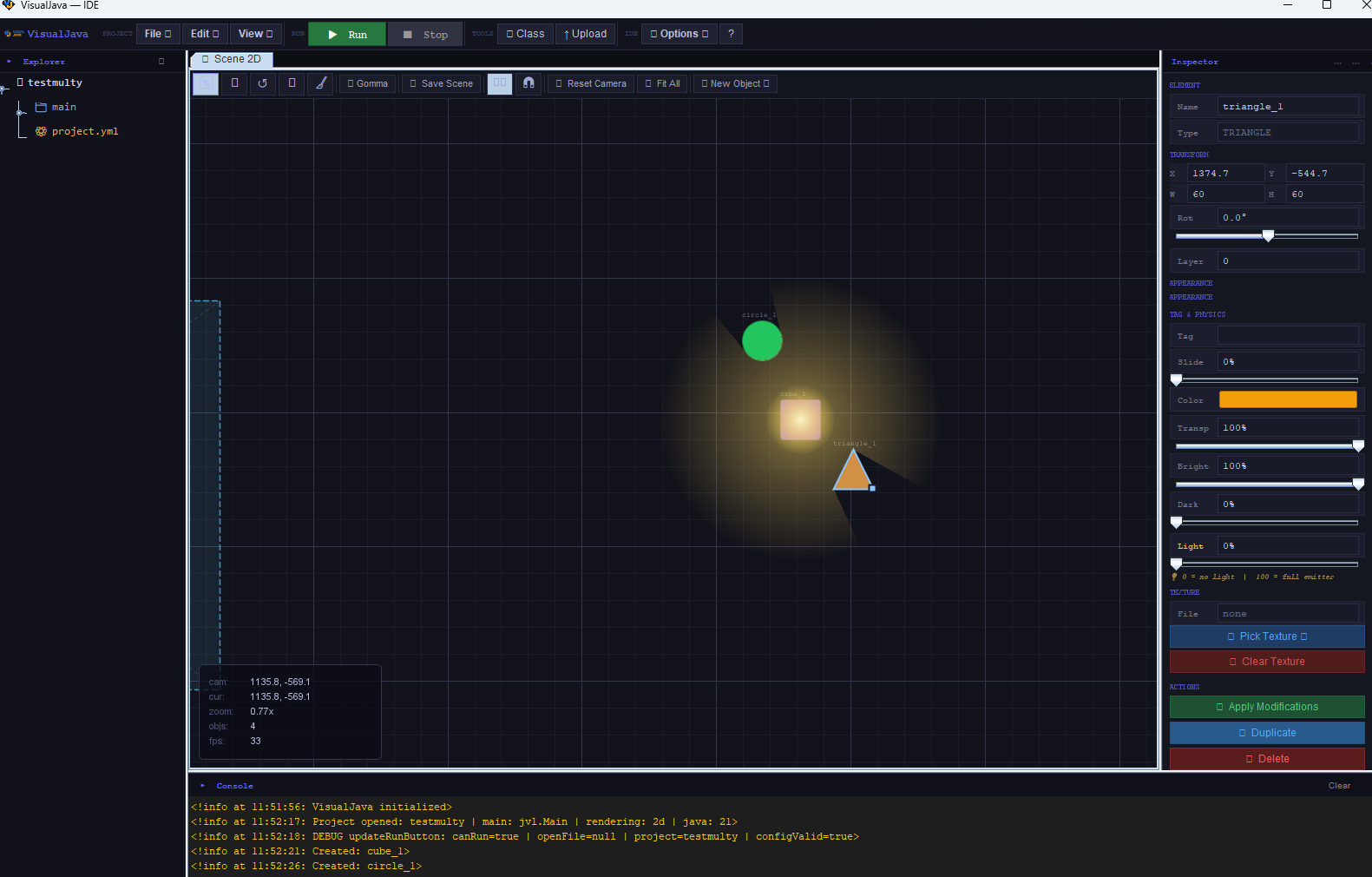 Visual Java 2D scene editor with a circle, square and triangle, glow lighting enabled